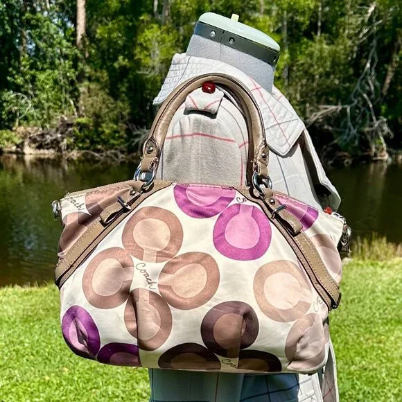 Coach Madison Clover Print Sophia Satchel Purple Pink Sateen Taupe Leather 15946 - Picture 2 of 14